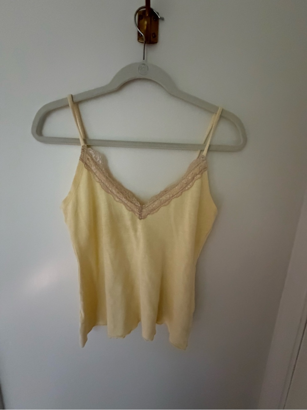 Free People Pale Yellow Lace-Trim Spaghetti Strap Tank